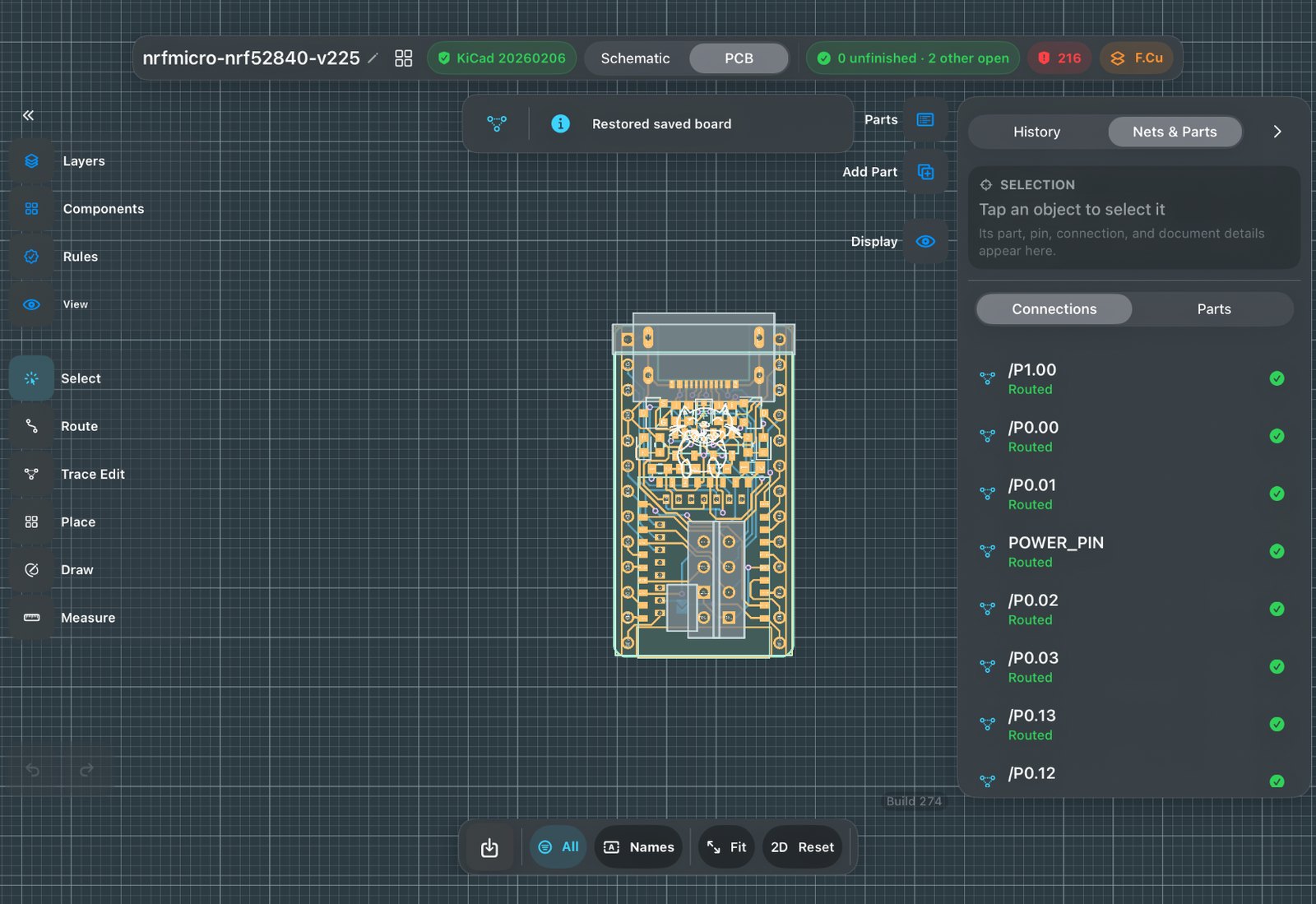 PCB Canvas editing an open-hardware nRF52840 board: routed copper on the canvas, net list with routed status, mode rail with Select, Route, Trace Edit, Place, Draw and Measure